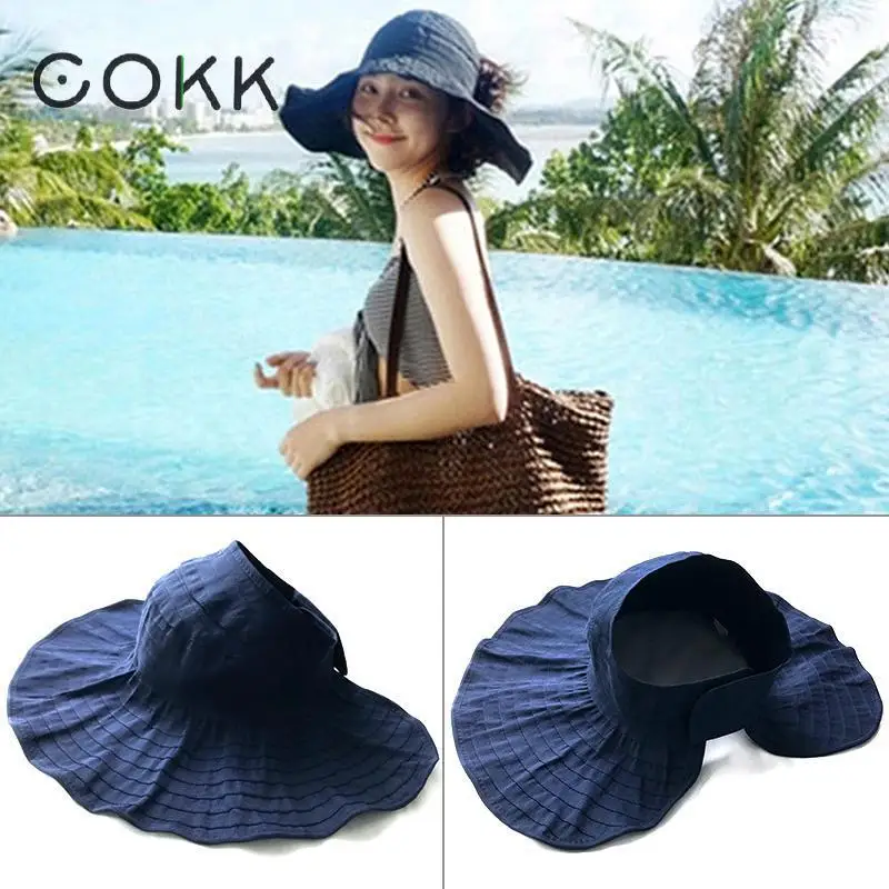 COKK Hat Women Summer Hats For Women Girls Foldable Beach Sun Hat Ponytail Cap Wide Brim Portable Anti-Uv Vacation Travel