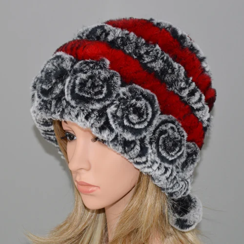 grey and red Лидер продаж, зимние женские шапки в полоску с цветами из натурального меха кролика Рекс, женские теплые вязаные шапки из натурального меха, меховые шапки для русской улицы - Цвет: grey and red