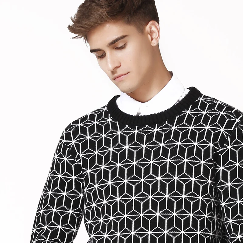 Мужской свитер с геометрическим узором Markless черный или белый шерстяной для