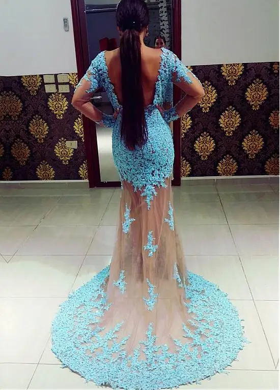 

Blue Muslim Evening Dresses Mermaid Detachable Train V-Neck Tulle Appliques Beads Illusion Islamic Dubai Saudi Arabic Prom Dress