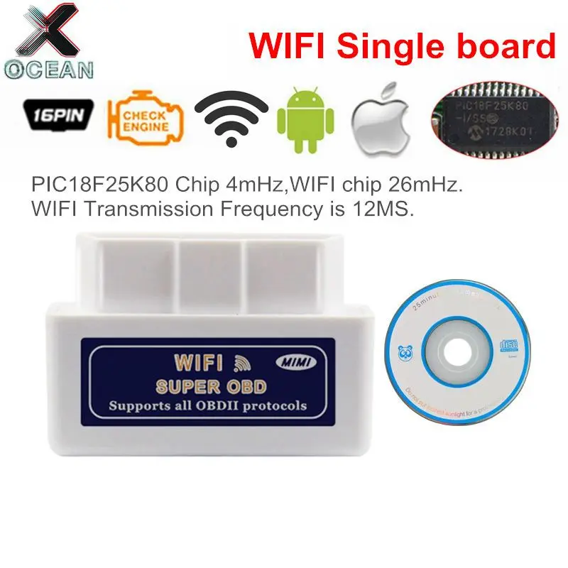 Сканер кодов OCEAN PIC18F25K80 с прошивкой 1,5 ELM 327 WIFI OBD2 ELM327 WIFI поддерживает Android/IOS/ATAL и ATPPS и FORSCAN