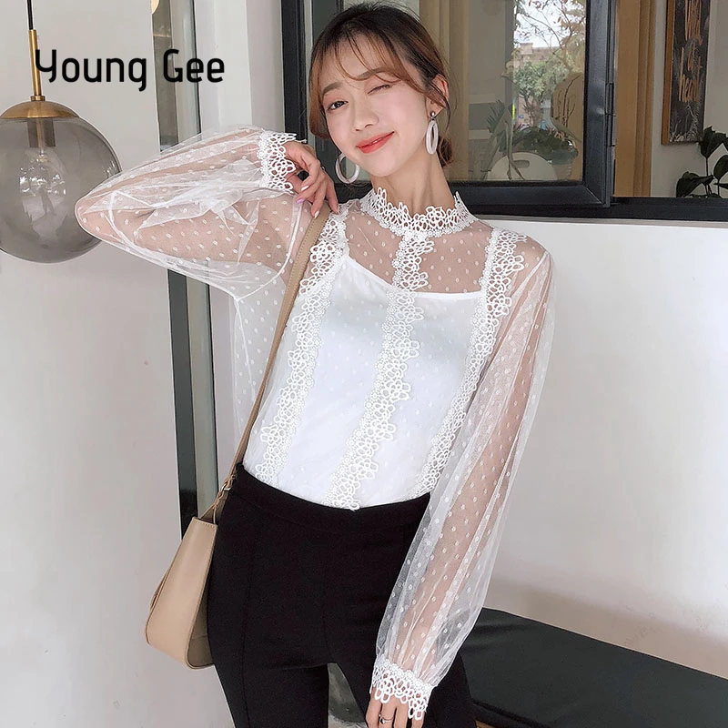 

Young Gee Spring Women Lace Floral Embroidery Blouses Shirt Sexy Mesh Tops See-through Long Sleeve Shirts blusa camisas mujer