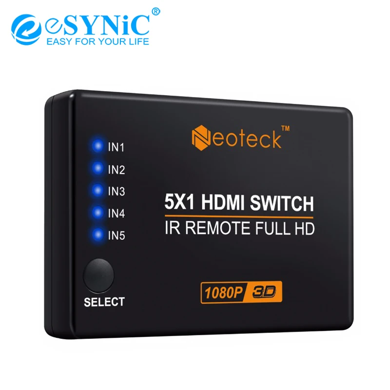 

eSYNiC 5 Port HDMI Switcher With IR Remote Control+USB Power Cable Switch Splitter Hub For PS4 Xbox HD 1080P 3D Video Switcher