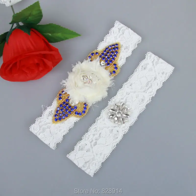 

Fashion Navy Blue Rhinestones Beaded Lace Wedding Garter Set Including Keepsake Garter and Toss Garter Handmade