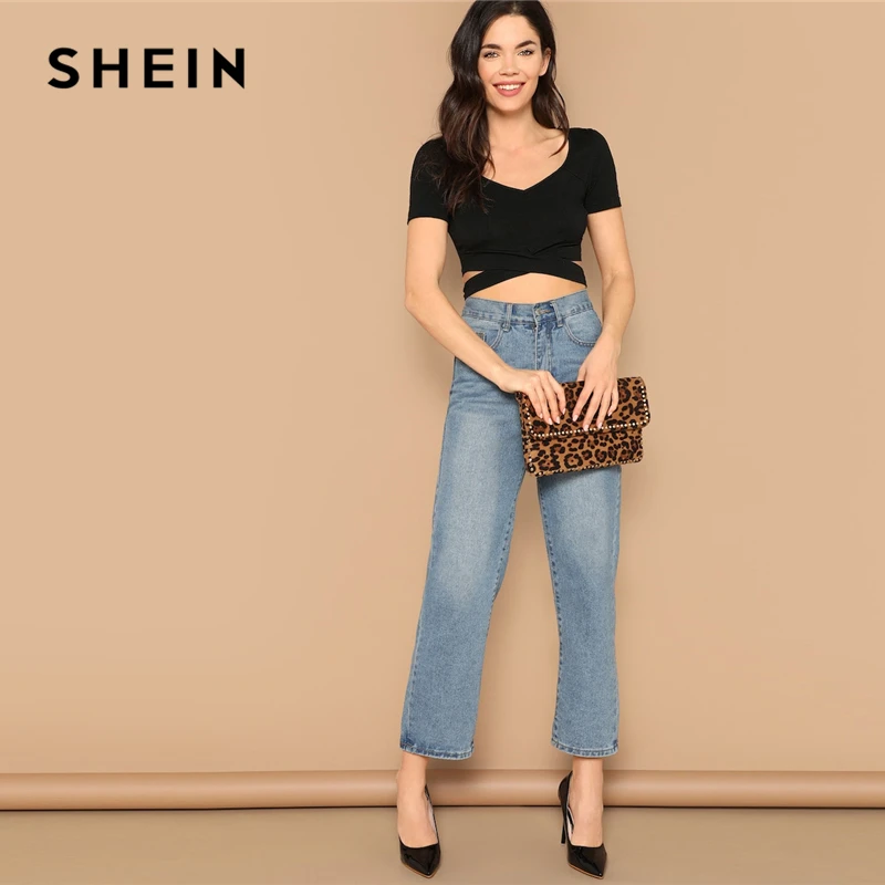 SHEIN Облегающий Укороченный Топ С Глубоким Круглым Вырезом Женский Летний Сексуальный Топ С Короткими Рукавами