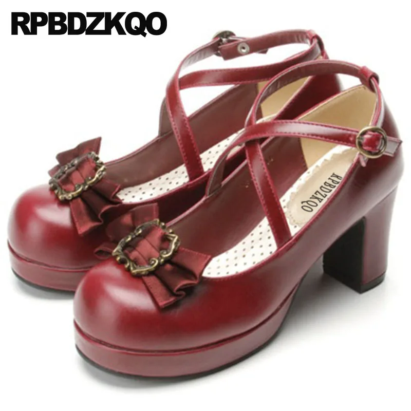 

Туфли-лодочки женские на высоком каблуке, массивные, 3 дюйма, с круглым носком, бантом, синие, Лолита, винные, красные, большие размеры 11 43, 12 44