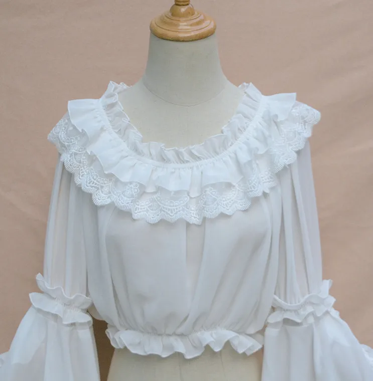 PYJTRL сладкий Лолита длинный расклешенный рукав шифоновый топ Blusas одно слово воротник кружево Белый кимоно рубашка блузка для женщин