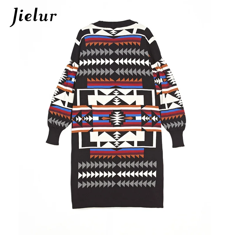 Jielur Winter Europe Leisure Long Cardigan Geometric Pattern Printed Sleeve Lady's Sweater for Women Warm Knitted Cardigans |
