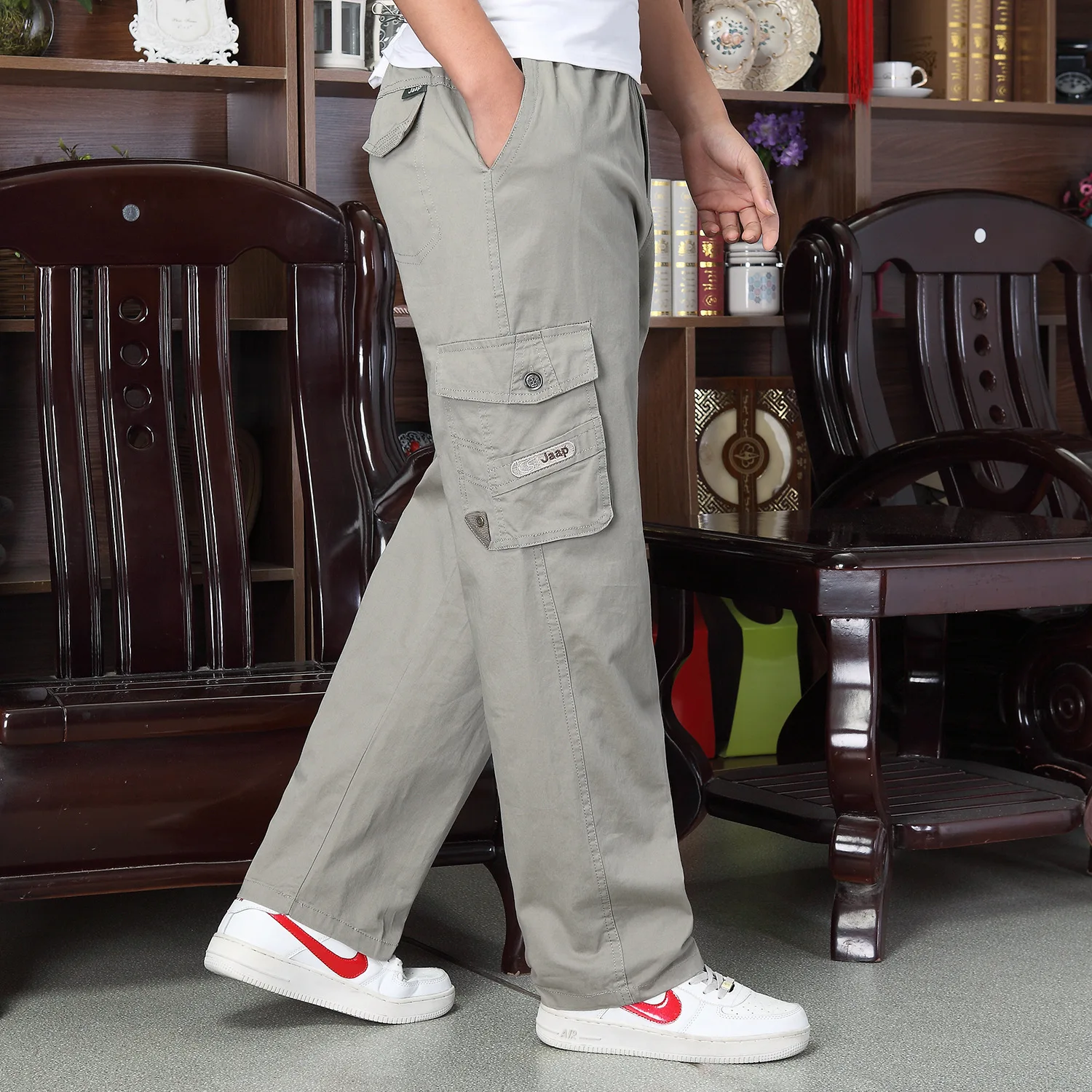 

2017 new men's big yards casual pants man's middle-aged cotton washed loose trousers