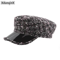 xdanqinx winter womens flat cap plaid elegant army military hats thick cotton yarn fashion bright silk hip hop caps for women