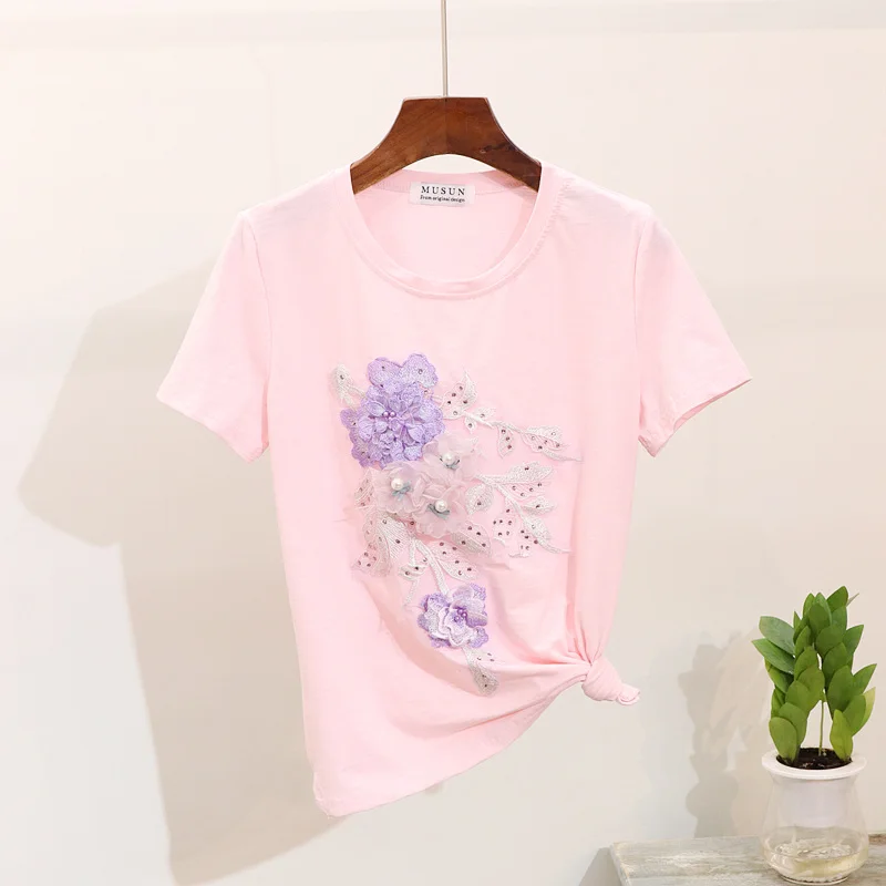 ALPHALMODA Лето, вышитые бисером цветы, Conjuntos De Mujer, вышитые аппликации, футболки с дырками, узкие джинсовые штаны, одежда
