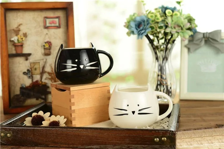 400 ml Черный и белый цвета Cat керамические кружки комплект милый кот дизайн кружка для кофе kawaii любителей кошек пару кружек