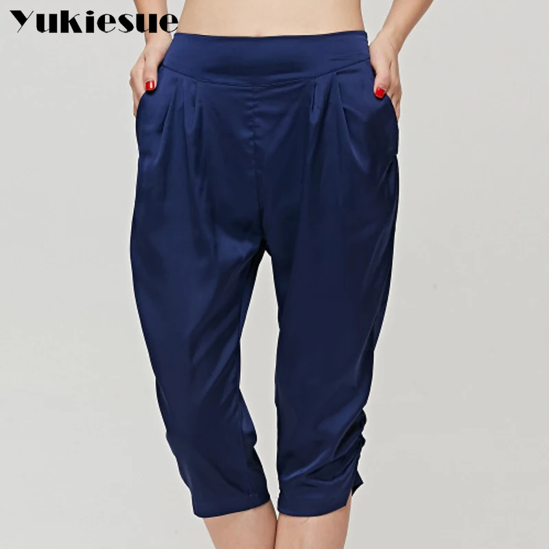 Silk harem pants capris women 2018 summer high elasitc waist loose rayon casual womens trousers pantalones mujer Plus size | Женская