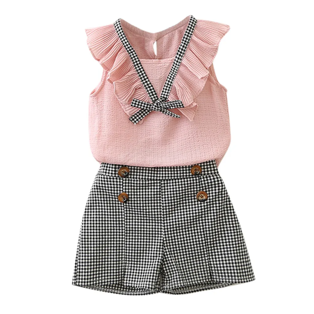TELOTUNY 2019 cut baby girls 2Pcs Toddler Kids Baby Girls Outfits Clothes Bowknot Vest Tops+Plaid Shorts Pants Set Z0211 | Мать и ребенок
