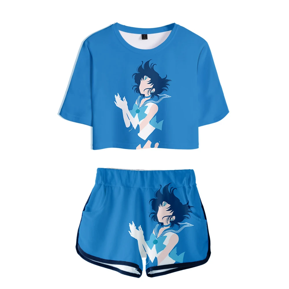 

New Animation Sailor Moon Exposed Navel T-Shirt+shortsSummer 3D Women's two-piece sets print Sailor Moon Girl's sets clothing