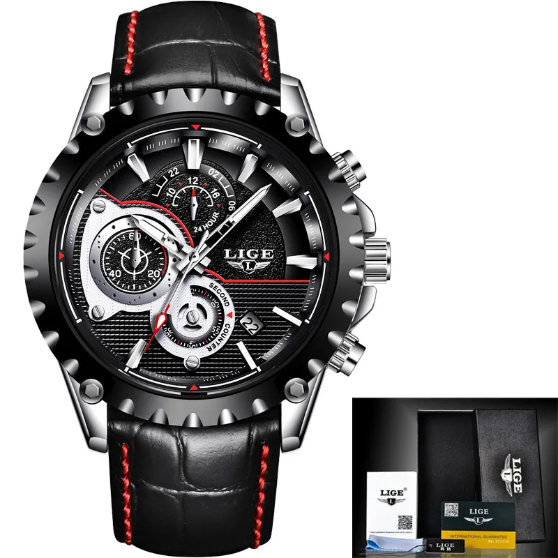 leather silver black Relogio Masculino LIGE мужские s часы лучший бренд класса люкс кварцевые золотые часы мужские повседневные кожаные военные водонепроницаемые спортивные наручные часы - Цвет: leather silver black