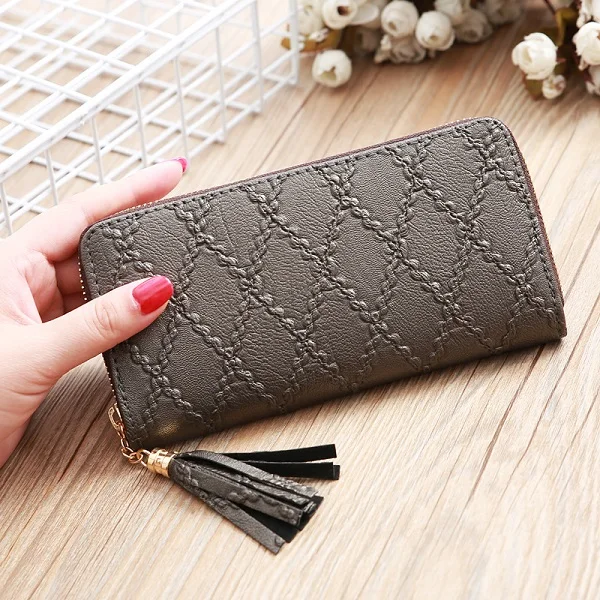 Dark gray Wallet Длинный кошелек, женские кошельки с кисточками, модный кошелек для монет, держатель для карт, женские кошельки, клатч, сумка для денег, винтажный женский клетчатый кошелек - Цвет: Dark gray Wallet