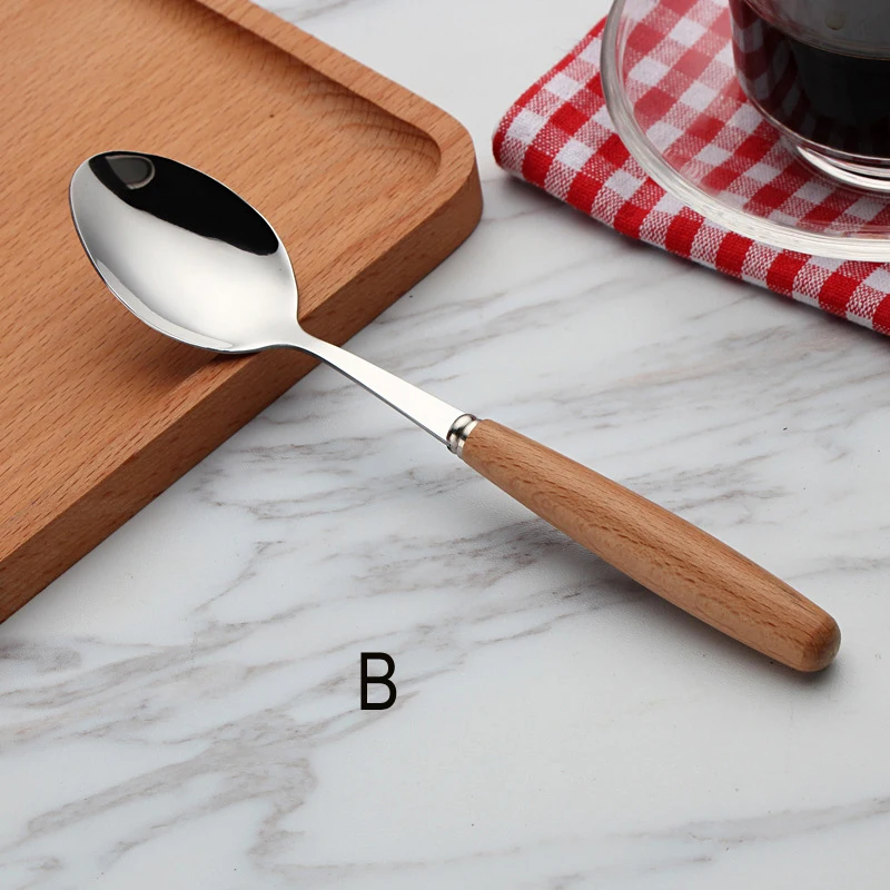 Meal Spoon Tofok столовая посуда с деревянной ручкой из нержавеющей стали, серебряная ложка, вилка, кухонная посуда, столовые приборы, роскошный Европейский западный стиль - Цвет: Meal Spoon