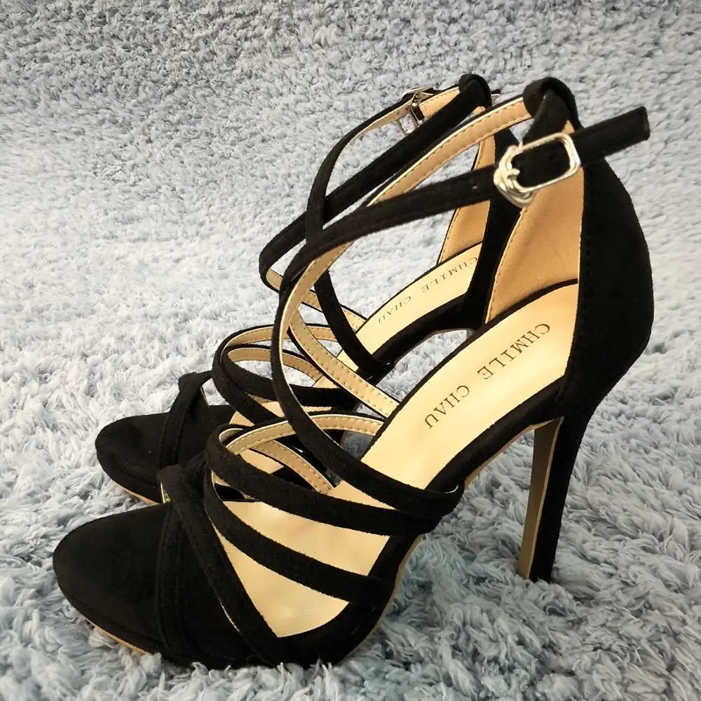 

Women Stiletto Thin High Heel Sandals Sexy Ankle Strap Open Toe Black Suede Fashion Party Bridals Ball Lady Shoe 0640A-4