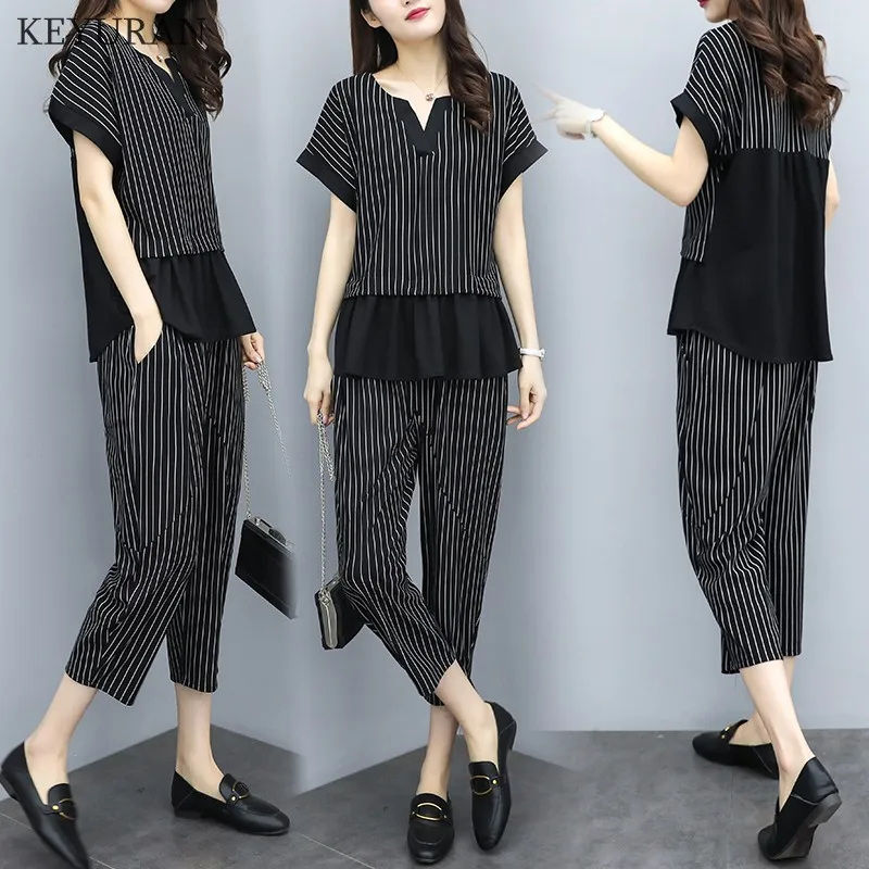 Summer New 2019 Women Fashion Stripe Two Pieces Sets Female Patchwork Tops and Ankle Length Pants Woman Casual Loose Suits L3112 | Женская