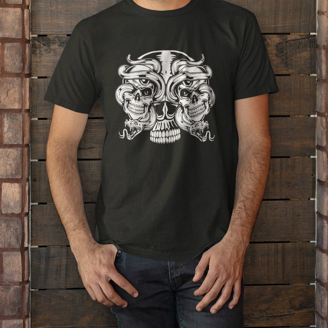 

Twin Skull Tattoo Short Sleeve Black Men's T-Shirt Size S-3XL