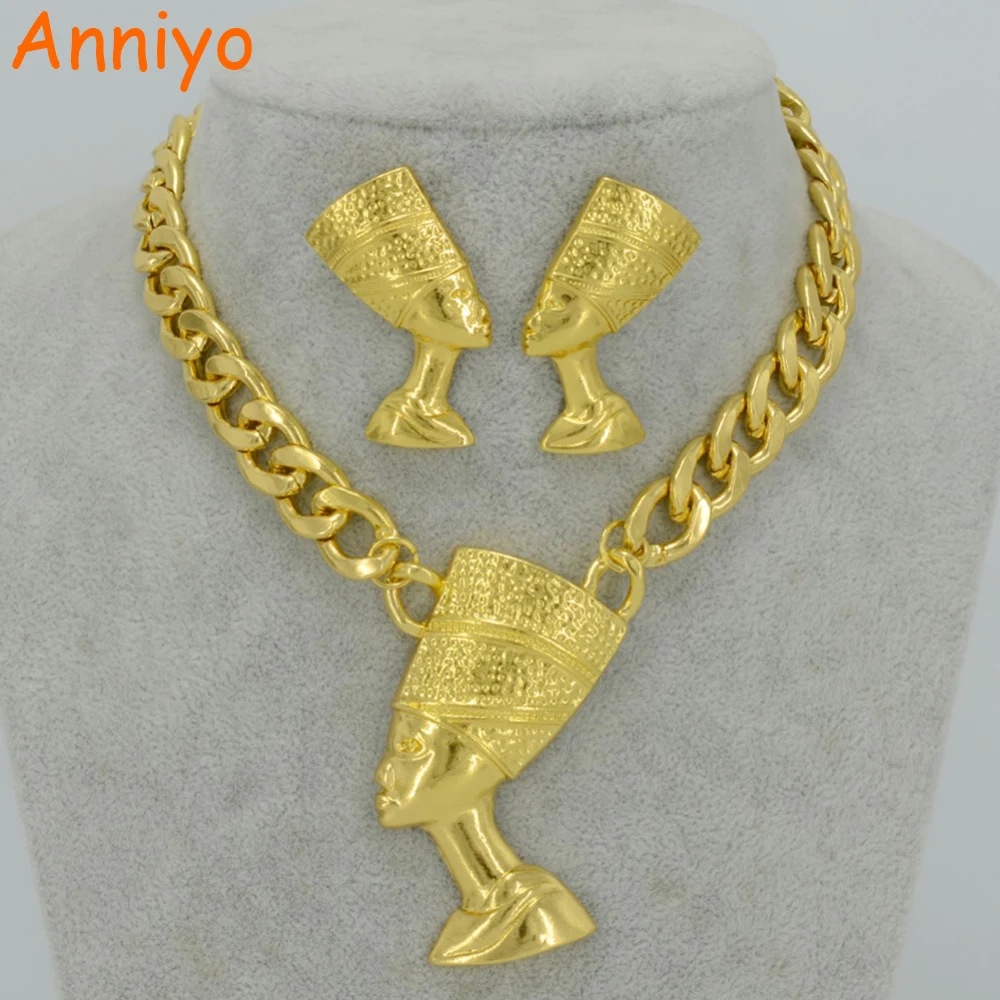 Anniyo Two Gold Color Egyptian Queen Nefertiti Pendant Thick Chain Earrings Sets Jewelry Africa Egypt #050406 | Украшения и