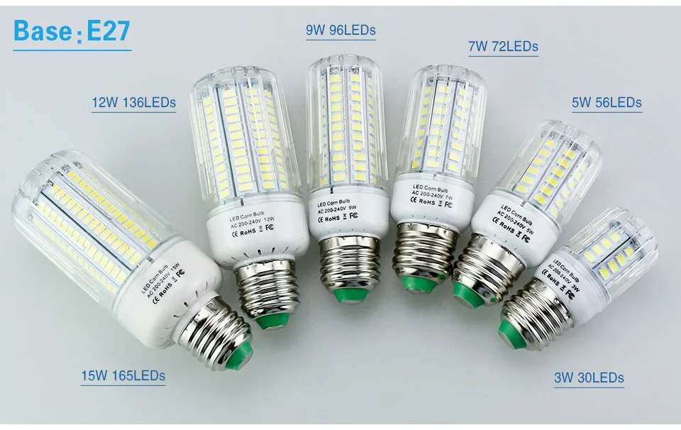Светодиодный светильник E27 E14 3W 5W 7W 9W 12W 15W SMD 5736 кукурузная Лампа 220V люстра-прожектор 3000K 4500K 6500K энергосберегающий светодиодный светильник