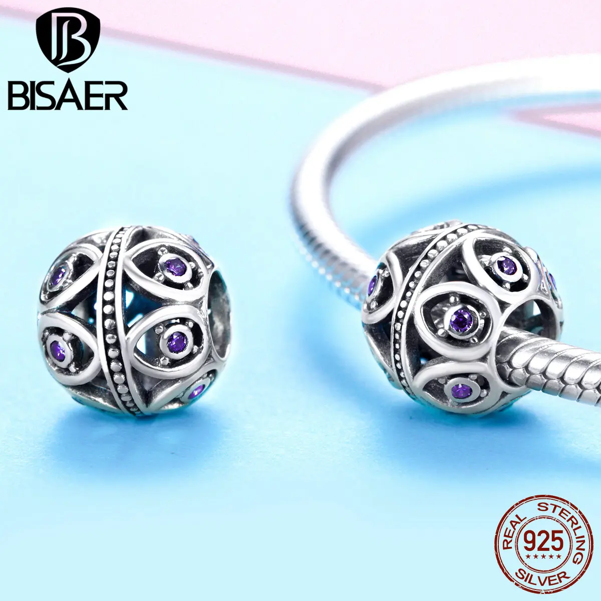 BISAER 925 пробы серебро Изысканная капелька геометрическая форма Очаровательные Круглые бусины подходят браслеты DIY Изготовление ювелирных изделий ECC1048