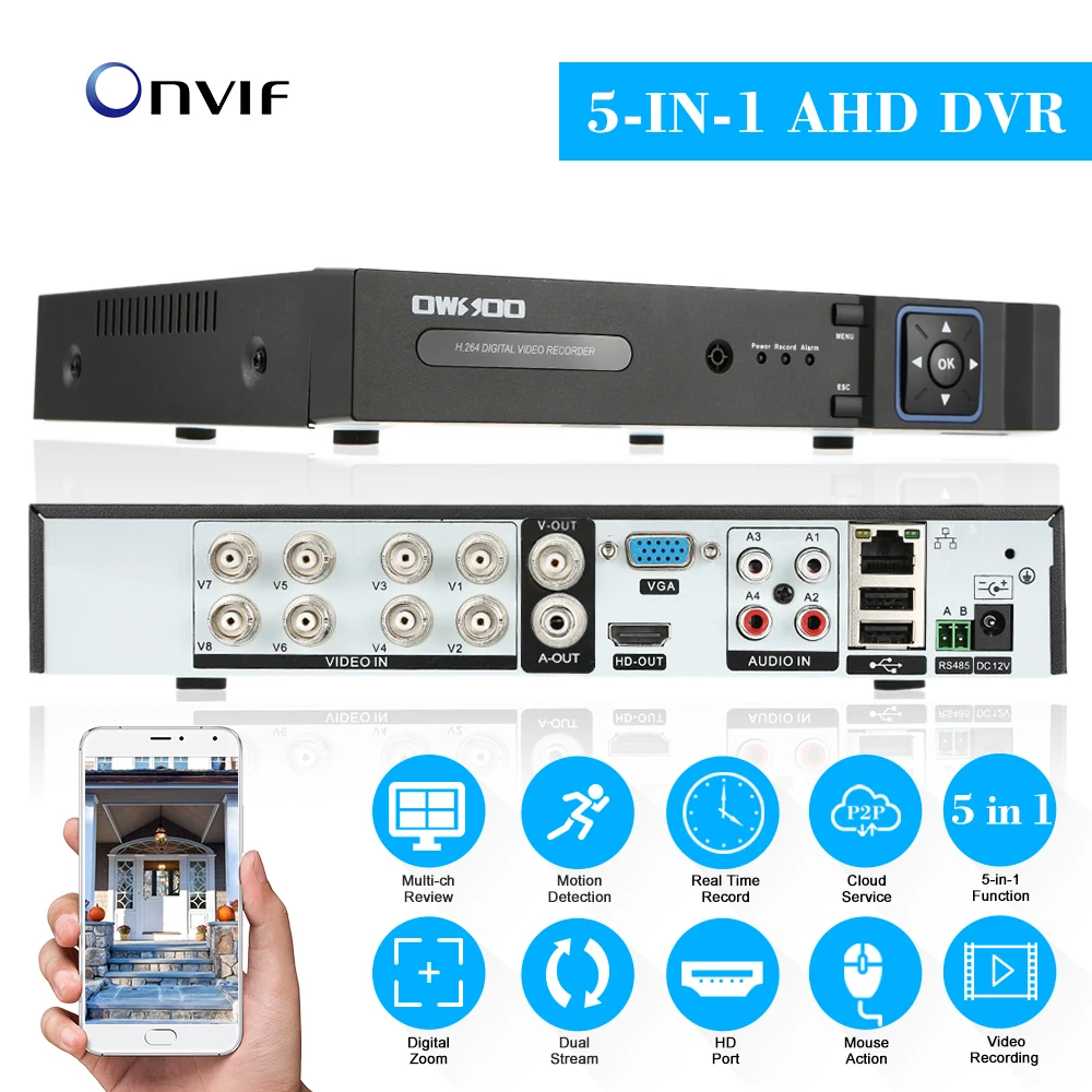 OWSOO XVR 8CH Channel 1080P Hybrid 5 in 1 PTZ Network DVR CCTV P2P APP Control Обнаружение движения для камеры