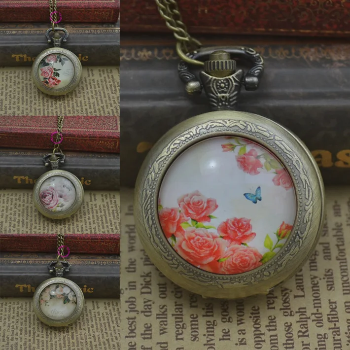 Женские кварцевые часы с круглым выпуклым стеклом цветком розы|Карманные часы| |