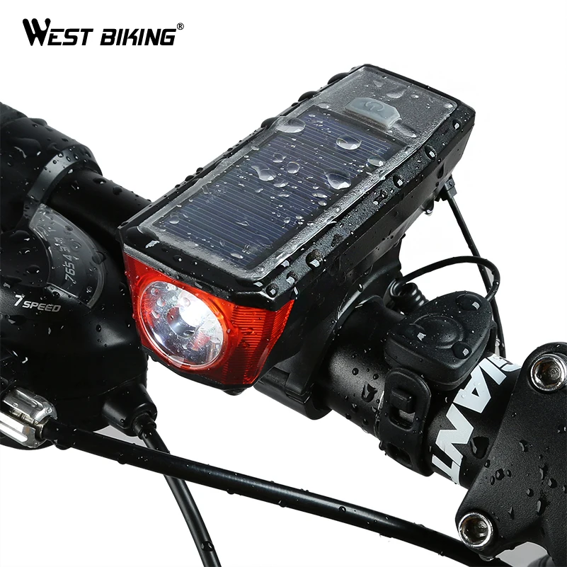 West biking на солнечной энергии велосипедный фонарь с колокольчиками Велоспорт usb зарядка передняя лампа 350 люмен 4 режима Водонепроницаемые светодиодные фонари для велосипеда