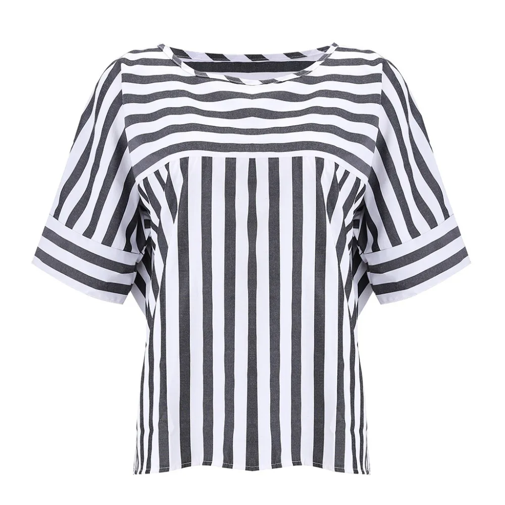 

Women Summer Striped Shirt O-Neck Blouses Shirts Ladies Loose Short Sleeve Shirts Tops WS9097C