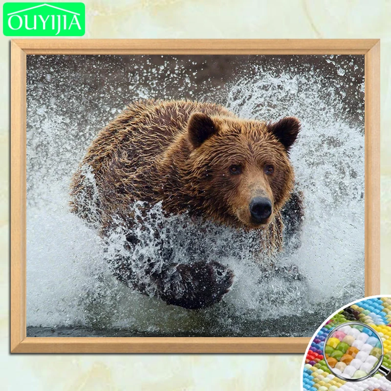 OUYIJIA коричневый медведь брызг в реку 5D алмазная живопись своими руками