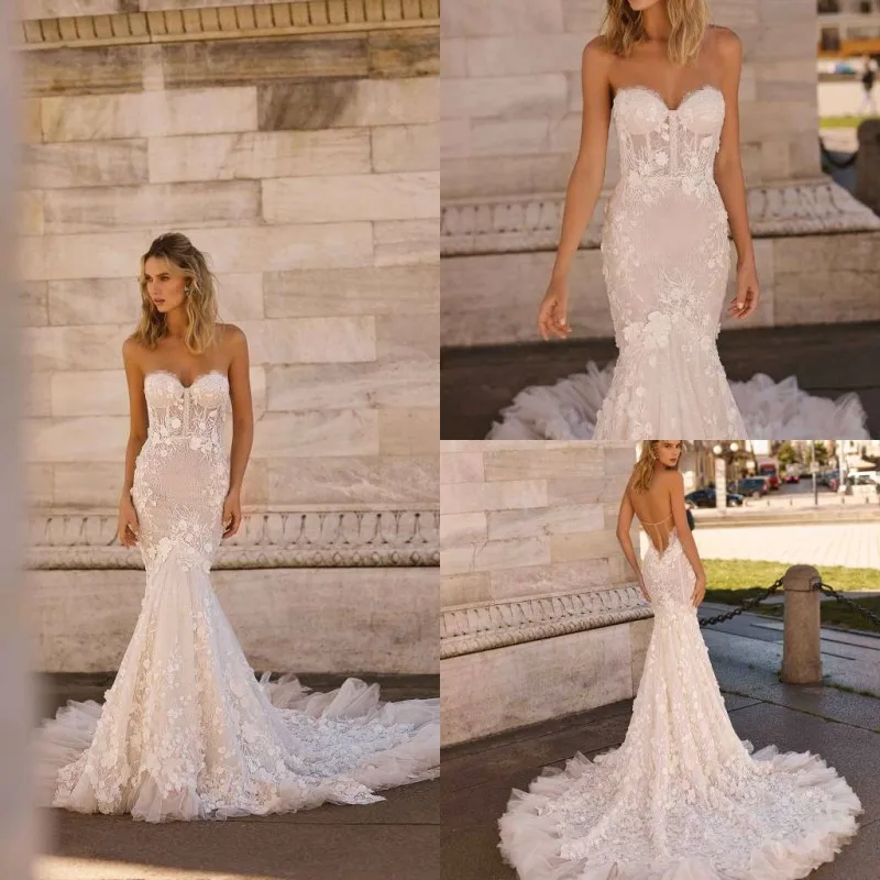 

2020 Wedding Dresses Sexy Strapless Backless Lace 3D-Floral Appliques Bridal Gowns Luxurious Sweep Train Mermaid Wedding Dress