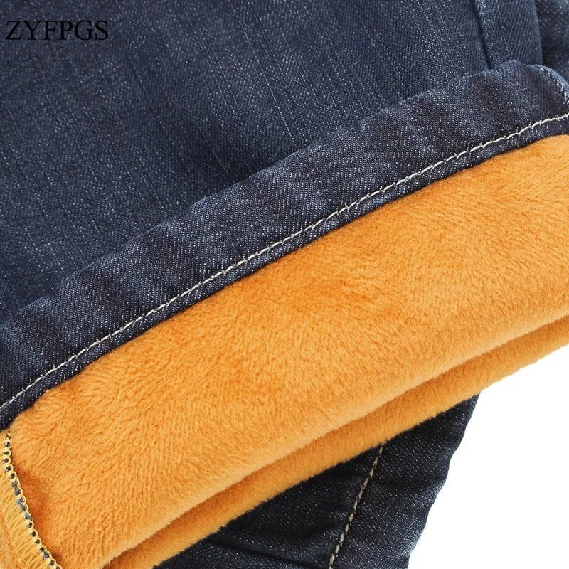 ZYFPGS мужские теплые модные брюки для зимы синие прямые джинсы стрейч повседневные