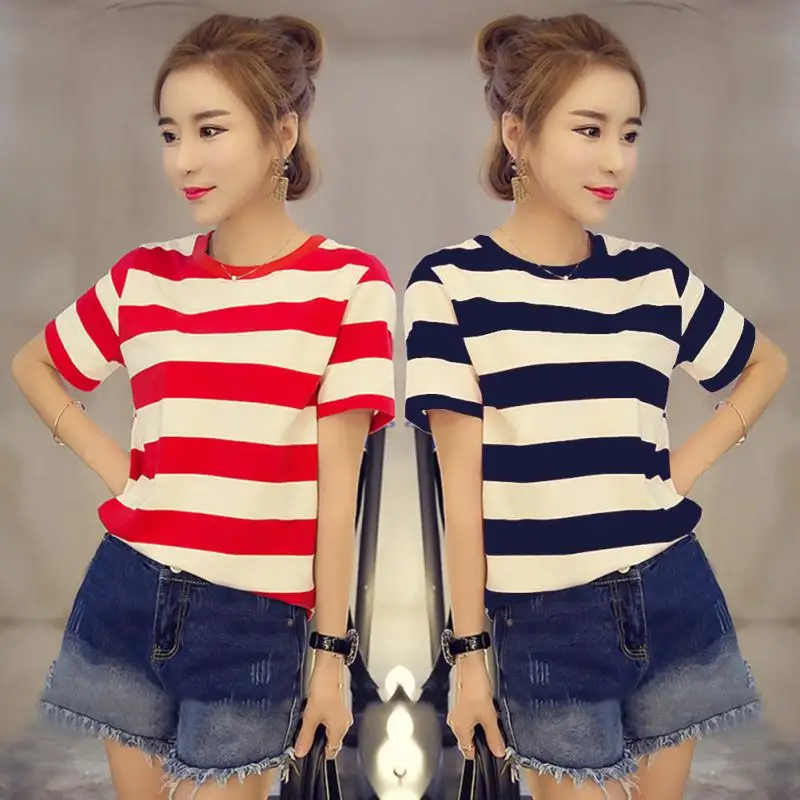 Модные летние Для женщин Свободные Тонкий футболка большой Размеры полосатый