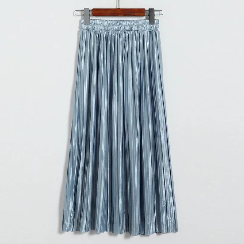 Aonibeier Women Pleated Skirt Long Skirt Elastic High Waist Midi Skirt Autumn Sexy Fashion Female Vintage Metallic Skirts Womens - Цвет: Light Blue