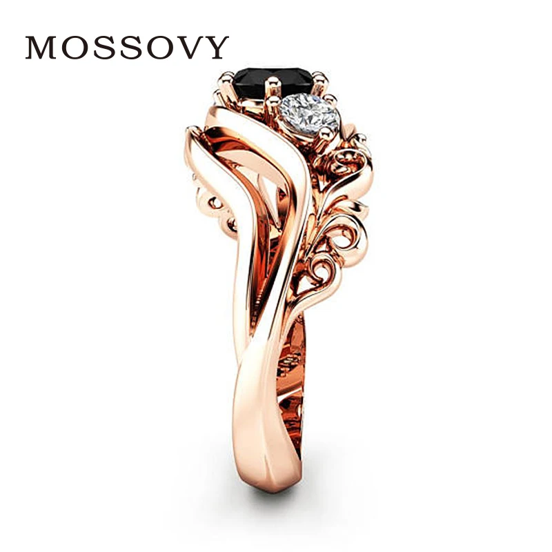 Mossovy Циркон инкрустированные с полым цветком розовое золото обручальные кольца для женщин черные стразы обручальное кольцо для женщин ювелирные изделия