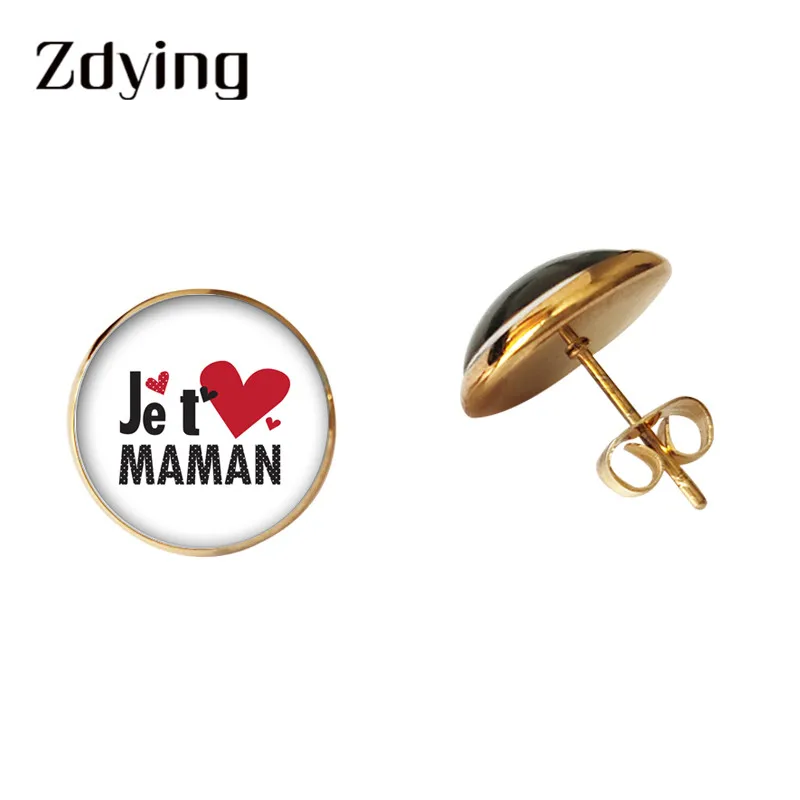 ZDYING Je Tɺime Papa et Maman серьги-гвоздики стеклянные кабошоны французские серьги с