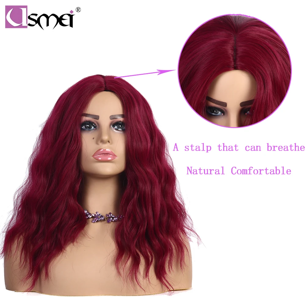 USMEI Red wig Synthetic hair Wigs for Women Cosplay Wig High density Temperature Fiber medium length body wave wig Free Shipping