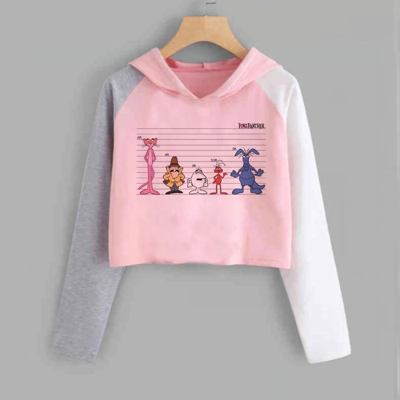 Женская укороченная толстовка с капюшоном розовая мультяшным принтом в стиле