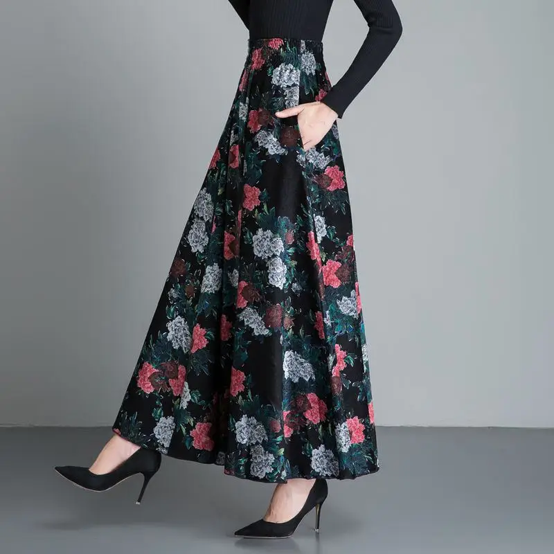 1 Винтажные шерстяные юбки женские с высокой талией Jupe Femme с цветочным принтом длинная юбка Faldas осень зима Макси теплая шерстяная плиссированная юбка Z79 - Цвет: 1