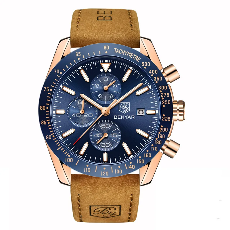 rose gold brown BENYAR, мужские часы, 5140 м, брендовые, Роскошные, силиконовый ремешок, водонепроницаемые, спортивные, кварцевые, с хронографом, военные часы, часы, Relogio Masculino - Цвет: rose gold brown