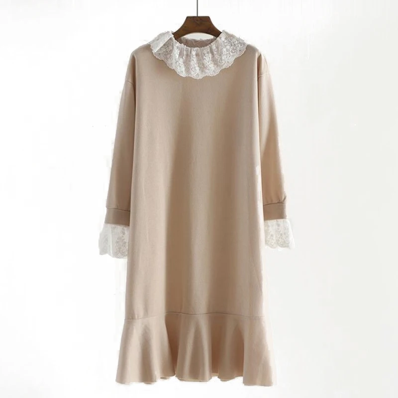 

PERHAPS U Women Ruffled Collar Khaki Black Pullovers Long Sleeve Casual Winter Loose Long Midi Dress Lace Patchwork M0856