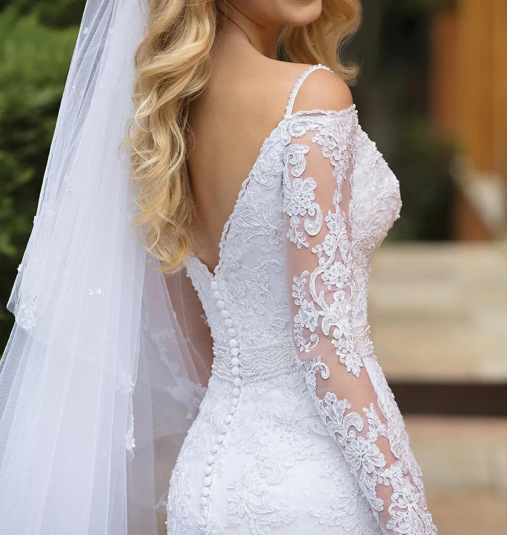 Vestido de noiva, кружевное свадебное платье русалки на бретельках, свадебное платье с длинными рукавами, платье невесты, платье с бисером на талии, Abiti da sposa