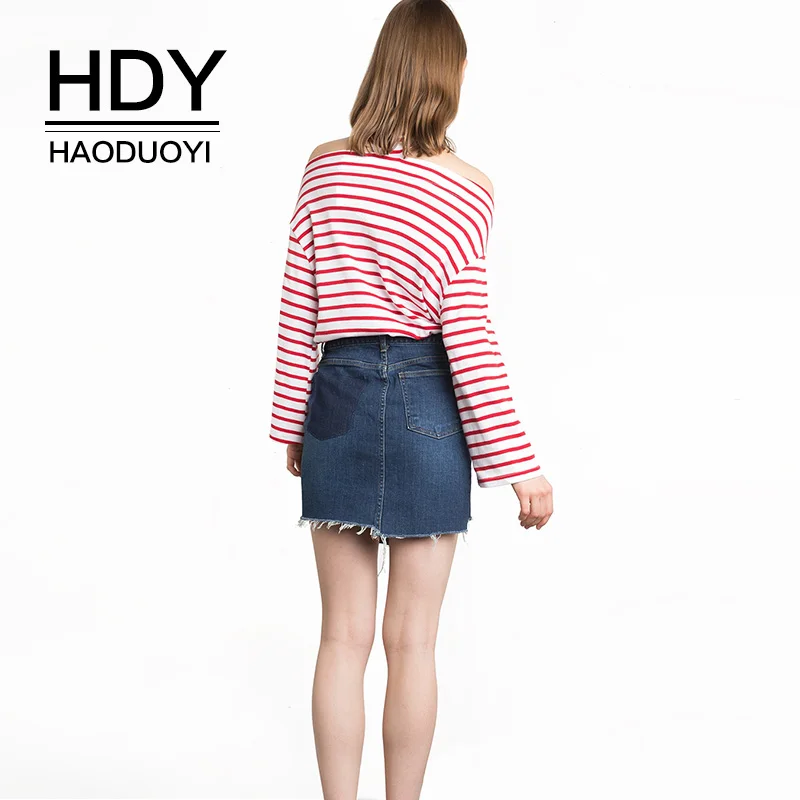 HDY Haoduoyi женские футболки с длинным рукавом красные и белые полосатые Свободные