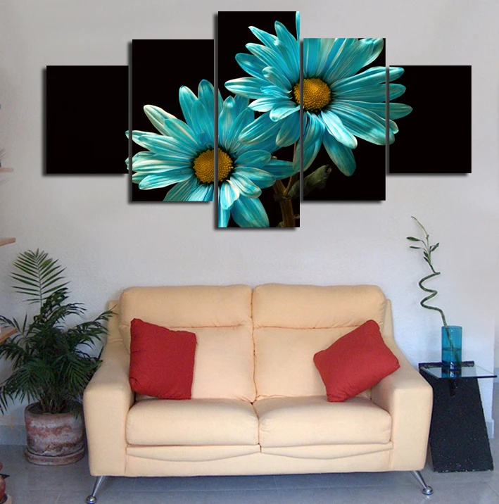 Unframed Blue Gerbera Painting 5 Panels Modern Wall Art On Canvas Beautiful Flower Printing Prints Poster | Дом и сад