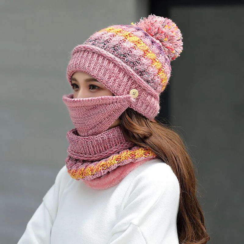 Ymsaid, зимняя женская шапка, Skullies, теплые шапки, женский шерстяной шарф, маска, шапка, шапки, набор из 3 предметов, Балаклава, шапочка, лыжная вязаная шапка