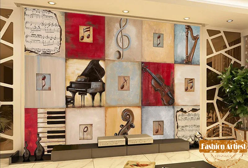 Настенные обои на заказ с изображением музыкальных нот и персонажей деревянная