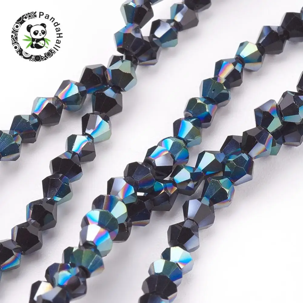 

Electroplate Glass Beads Strands, Half Green Plated, Faceted, Bicone, Black, 3x3mm, Hole: 1mm; about 150pcs/strand, 13.8"
